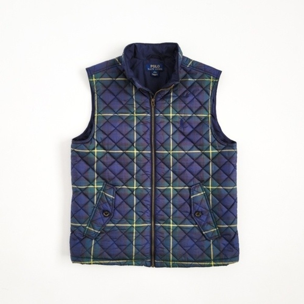 NEW Polo Ralph Lauren Puffer Vest Tartan Plaid Boys L Navy Blue Green NWOT - Picture 1 of 10